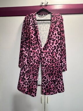 Pink Leopard Print Open-Front Cardigan Sweater